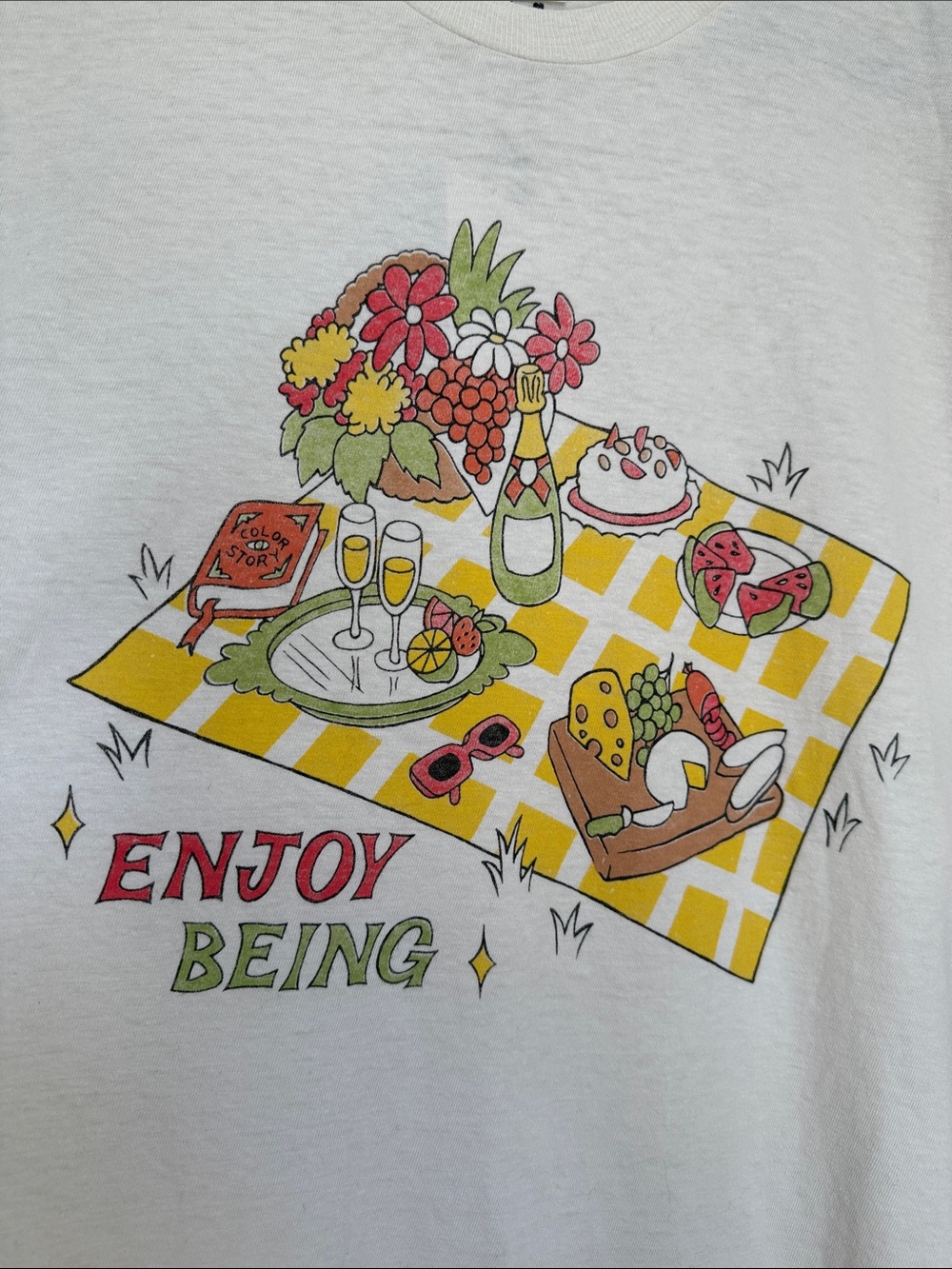 Re/Done Cream Picnic Graphic Tee with Yellow and Red Print - Picture 3 of 7